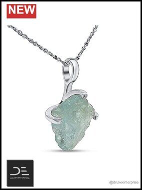 Raw Aquamarine Solitaire Pendant Necklace 925 Sterling Silver White Gold Dainty
